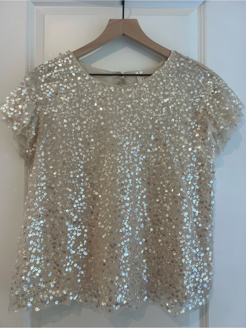 Anthropologie Ivory Sequin Short Sleeve Blouse